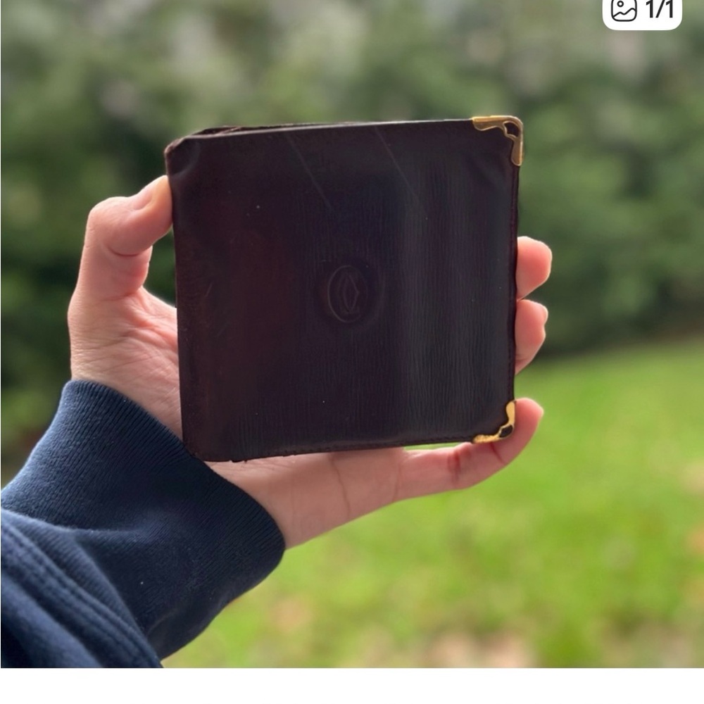 Cartier Brown Leather Bi-Fold Wallet with Gold Corner Accents